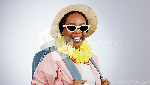 Image of Portrait, glasses and black woman with vacation, travel and happiness on a white studio background. Face, African person and model with eyewear, hat and backpack with holiday, weekend trip or getaway