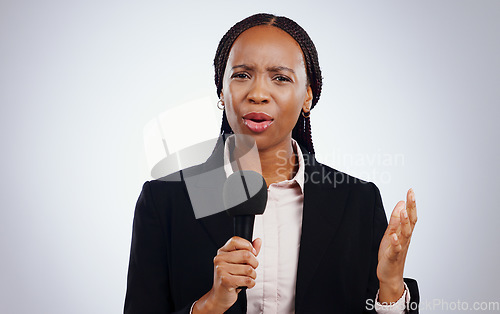 Image of Portrait, news and broadcast with black woman, microphone and journalist on a white studio background. Face, African person and model with interview, reporting and questions with speech and feedback