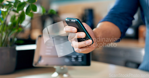 Image of Hand, fintech and a waiter in a coffee shop closeup for sale, payment or purchase of an order. Business, finance and nfc with contactless technology in a cafe or restaurant for takeaway order