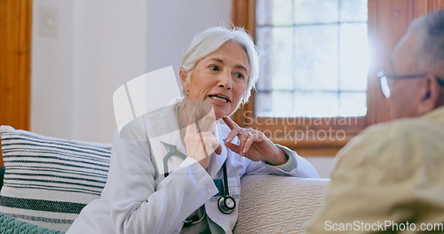 Image of Doctor, patient and throat touch or talking of information, infection bacteria or cough inflammation. Woman, man and conversation for consultation risk pain for healthcare, lung or asthma breathe