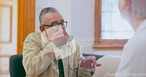 Image of Senior, man and patient cough or nurse help for throat inflammation, infection or bacteria. Woman, male person and mouth hand for lung germs consultation or diagnosis symptoms, conversation or advice