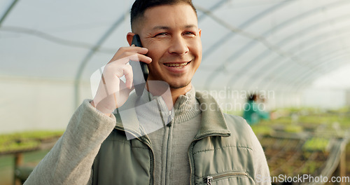 Image of Man, farmer and smartphone in greenhouse, call and worker for agriculture, supply chain and mobile. Farm owner, supplier and organic products for eco friendly, sustainable business or communication