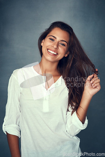 Image of Woman, happy and portrait or pose, hair and backdrop for fashion, style and proud or confident. Female person, beauty and haircare for cosmetics, glow and cool or retro, trendy and vintage clothing