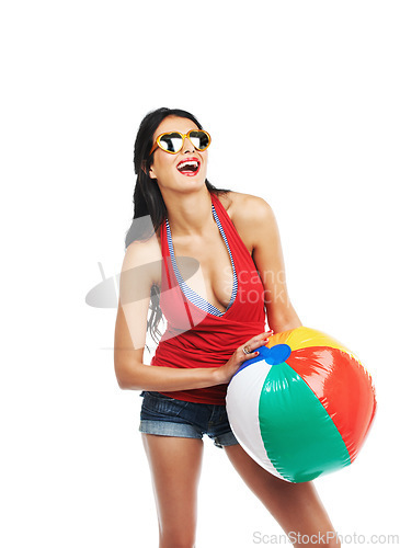 Image of Happy, woman and beachball on vacation, holiday or travel in studio isolated on a white background mockup space. Person in makeup, sunglasses and excited, playing with ball and cool fashion clothes