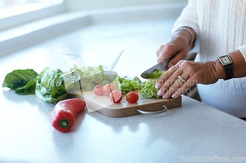 Image of Hands on chopping board, vegetables and knife on table in kitchen cooking organic food. Woman cutting plants on counter, prepare lettuce and tomatoes, pepper and nutrition for healthy diet in home