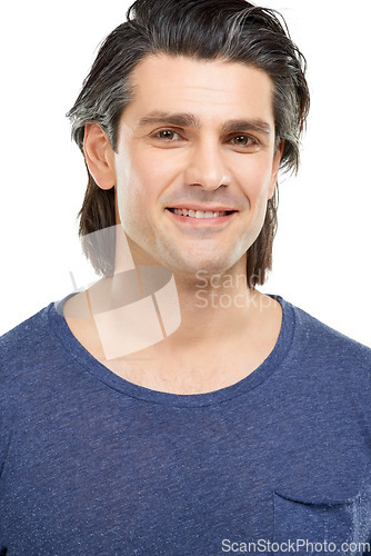 Image of Portrait, man and smile with fashion, wellness and proud guy isolated on a white studio background. Face, person and model with tshirt, happiness and Canada with mockup space, healthy and confidence