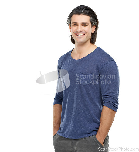 Image of Portrait, fitness and man with tshirt, smile and confident guy isolated on a white studio background. Person, mockup space and model with casual outfit, wellness and proud with health and muscle