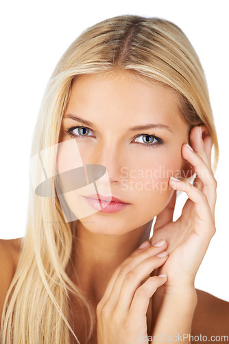 Image of Skincare, portrait and woman in studio for wellness, glow or natural cosmetics on white background. Beauty, dermatology and face of female model with treatment, results or self care satisfaction