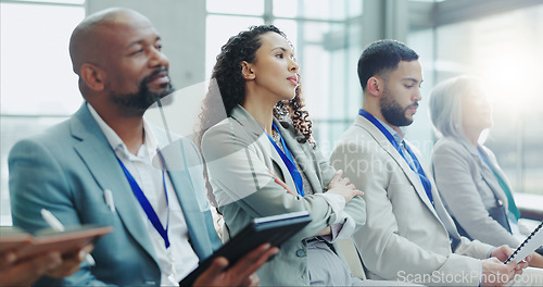 Image of Business people, diversity and meeting in team seminar, workshop or conference at office. Group of employees or audience listening to speech in staff training, presentation or convention at workplace