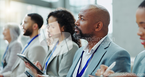 Image of Business people, diversity and meeting in team workshop, seminar or conference at office. Group of employees or audience listening to speech in staff training, presentation or convention at workplace