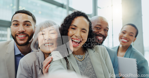 Image of Happy business people, face and office selfie for photography, team building or social media. Group of diverse corporate employees smile together for teamwork, photograph or fun picture at workplace
