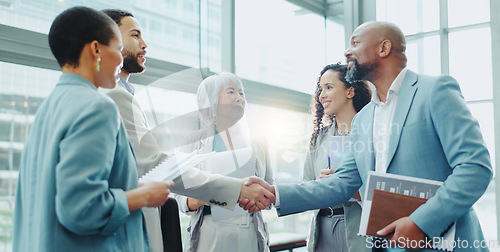 Image of Business people, handshake and meeting in b2b, agreement or deal for teamwork or growth at office. Businessman shaking hands with woman in recruiting for team introduction, greeting or partnership