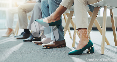 Image of Closeup, business people and shoes with feet, job interview waiting room and nervous with opportunity. Row, group and candidates with recruitment with heels, footwear and hiring in a workplace