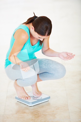 Image of Unhappy, woman and check weight with scale in bathroom with confused, disbelief or surprise. Diet, fail or frustrated person reading numbers on weighing device with horror, shock and disappointment