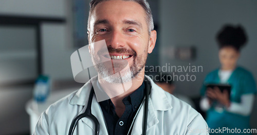 Image of Happiness, surgeon face and professional man, nurse or cardiologist with career smile, service job or healthcare vocation. Hospital portrait, work commitment and clinic consultant for health wellness