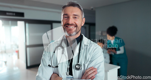 Image of Surgeon, hospital or professional man, happy nurse or cardiologist with career smile, doctor service job or vocation. Employee portrait, work commitment or confident clinic worker for health wellness