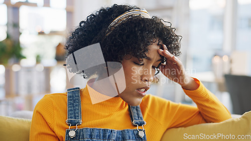 Image of Young woman, headache and thinking on sofa, stress and anxiety for choice, memory or regret in home living room. Gen z girl, student and mental health with fatigue, decision or worry on lounge couch