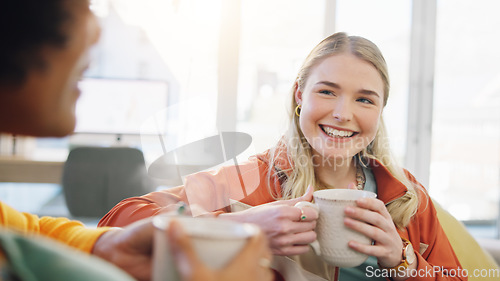 Image of Coffee, friends and women in conversation in home on sofa, bonding or having fun together. Happy, girls talking and tea in lounge, smile and people drink espresso in living room of interracial house