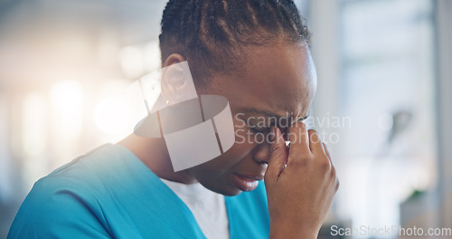 Image of Black woman, nurse and crying, sad and mental health with depression, help and psychology with stress at work. Fatigue, healthcare and burnout with mistake, fail with reaction to news and overwhelmed