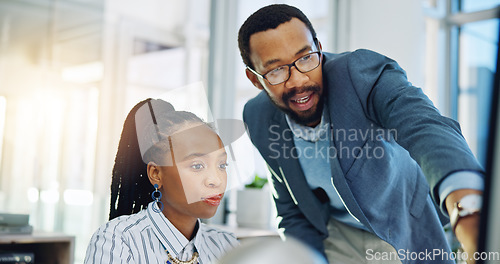 Image of Computer, black woman and manager training intern or coaching employee and helping with project, work or collaboration. Mentor, corporate and talking about a question, error or pc learning in Nigeria