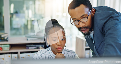 Image of Computer, black woman and manager training or coaching employee and helping with project, work or collaboration in Nigeria. Mentor, corporate intern and talking about a question, error or pc learning