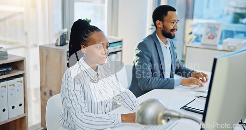 Image of Business people typing on computer in coworking office for planning research, online report and administration. Black woman, employees and working on desktop pc for email, information update and tech