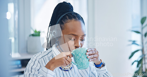 Image of Happy black woman, call center and drinking coffee in customer service, support or telemarketing at office. African female person, consultant or agent enjoying hot beverage in contact us at workplace