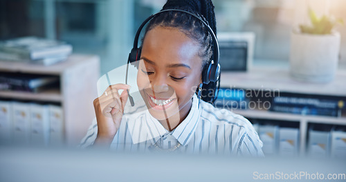 Image of Black woman, call center and consulting on headphones in customer service, support or telemarketing at office. African female person, consultant or agent talking in online advice or help at workplace