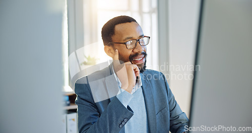 Image of Thinking, computer and businessman working in the office doing research for a legal project. Technology, proud and professional African male attorney planning for a law case in the modern workplace.