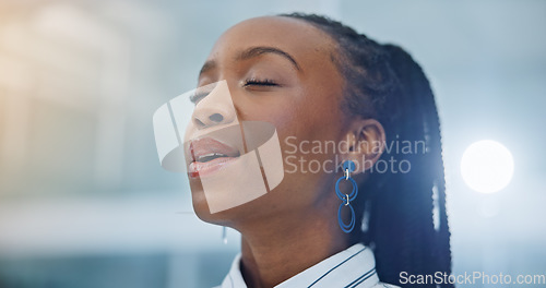 Image of Black woman, breathing and meditation, Businesswoman in a office with zen and calm, healthcare and wellness. Face, peace of mind and mental health, healing and holistic