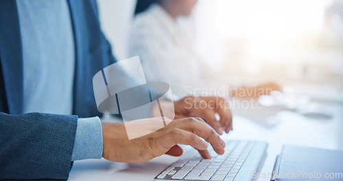 Image of Digital research, developer and programmer writing, programming software or coding app on computer at desk in workplace. Laptop, hands typing and business man in office working on job email or report