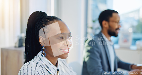 Image of Happy black woman, business and working on computer in office for planning online report, email and internet research. Face of african worker at desktop pc for information update in coworking company