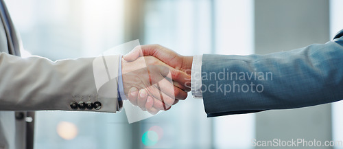 Image of Business people, support and shaking hands for agreement, meeting and b2b deal for success, welcome and reward. Closeup, handshake and introduction of partnership, integration and recruitment offer