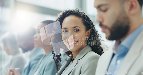 Image of Portrait, group and woman in a workshop, business people and conference with planning, feedback and lens flare. Face, person and employee in a meeting, staff and consultant with seminar and coaching