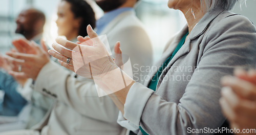 Image of Business people, hands and applause at conference, workshop or convention with work audience. Crowd, employees and company workers with clapping for achievement of group together for presentation