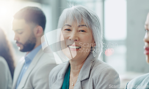 Image of Portrait, group or Asian woman in workshop, business people or conference with planning, lens flare or smile. Face, senior person or employee in meeting, staff or consultant with coaching or seminar