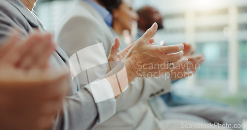 Image of Celebration, business people hands and clapping at a conference with teamwork and audience in office. Cheer, staff and achievement with professional team at a seminar with workforce and agreement