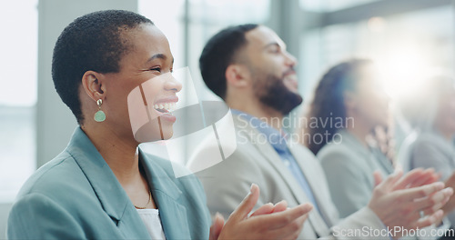 Image of Business woman, laughing and applause at conference, workshop or convention with work audience. Crowd, employees and company workers with clapping for achievement of group together for presentation