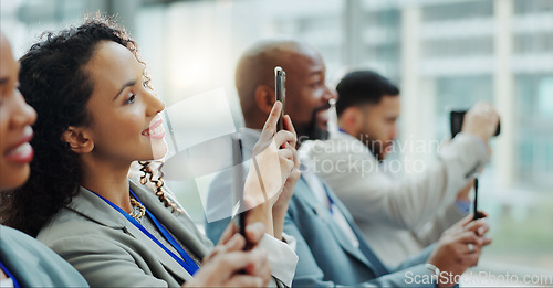 Image of Reporter, press and office with woman journalist and phone with media staff and live streaming. Tradeshow, seminar audience and employee filming with mobile and meeting at a job working on a event