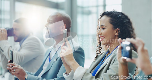 Image of Business woman, meeting press and workshop with journalist and phone media staff with live streaming. Tradeshow, seminar and employee filming with mobile and reporter at a job working on a event