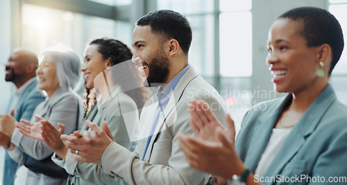 Image of Business people, happy and team with applause in seminar, tradeshow and achievement of success, support and congratulations. Employees clapping to celebrate winner, workshop and award at conference