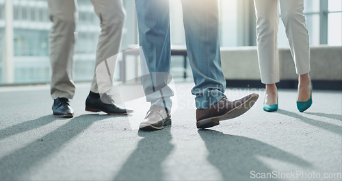 Image of Business people, legs and team standing at office in meeting, interview or waiting room. Closeup of corporate employees, formal shoes or feet in teamwork for hiring, recruiting or growth at workplace