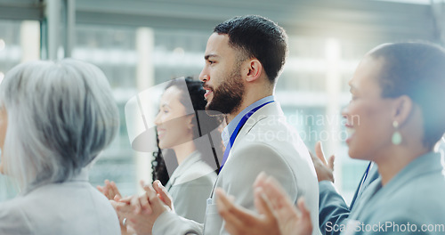 Image of Business people, motivation and applause at conference, workshop or convention with work audience. Crowd, employees and company workers with clapping for achievement of group for presentation