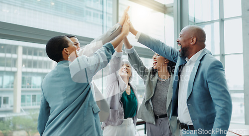 Image of Celebration, business people and high five at a conference with teamwork and motivation in office. Discussion, staff and collaboration with professional team at a seminar with workforce and agreement