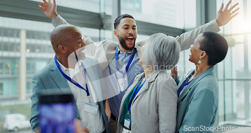 Image of Celebration, business people and happy at a conference with teamwork and motivation in office. Discussion, staff and collaboration with professional team at a seminar with workforce and agreement