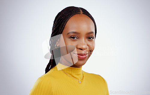 Image of Woman, portrait or smile in studio as proud student or growth mindset for career by white background. Young, african person and face with happy for scholarship, university education and mock up space