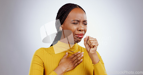 Image of Woman, cough and chest pain or sick, studio and illness by gray background, allergies and virus. Black female person, pneumonia and infection on lungs, disease and bacteria or healthcare in mockup