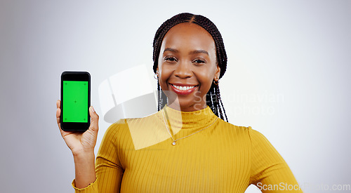 Image of Happy woman, phone and green screen of marketing mockup, online presentation or news on white background. Portrait of african person on mobile app, website design space and tracking markers in studio