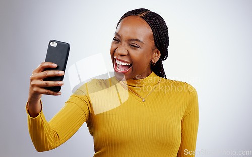 Image of Happy woman, selfie or video call for social media, influencer content creation and online blog on a white background. African person with smile and excited for profile picture photography in studio