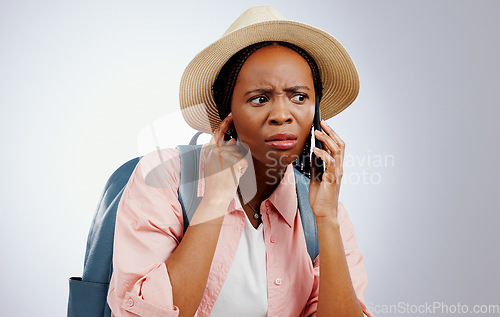 Image of Phone call, travel and black woman with stress, confused or shocked on white studio background. African person, tourism or model with a cellphone, listening or news with reaction, doubt or frustrated